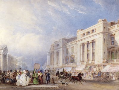 Regent Street, Londen, kijkend naar het Noorden, met Dickins en Jones aan de rechterkant, en de Hanover Chapel aan de linkerkant, 1835 door George Shepherd